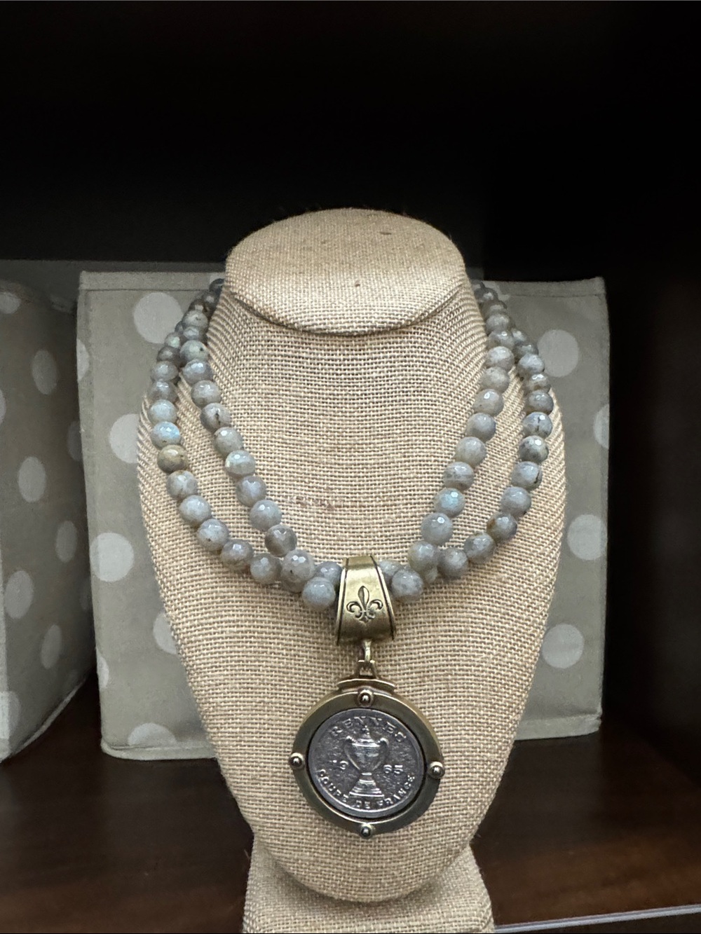 Gray Beaded Double-Strand Necklace with Brass and Silver pendant
